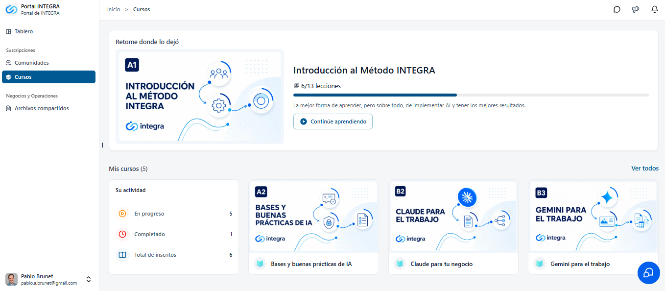 Portal INTEGRA: el panel de un participante, con el curso en progreso y su barra de avance, el resumen de actividad y el catálogo de cursos por nivel
